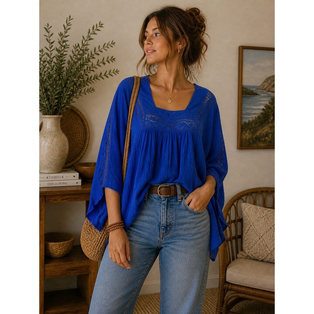 TOAST Suzie Kondi NWT Blue Cotton Crochet Kimono Long Sleeve Tunic Boho Hippie M